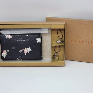 Coach Boxed Corner Zip Wristlet with Snowman Print C7401 Midnight Multi